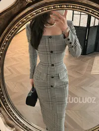 LUOLUOZ【花容月貌】高级气质方领时尚收腰女神范长款连衣裙JF1142