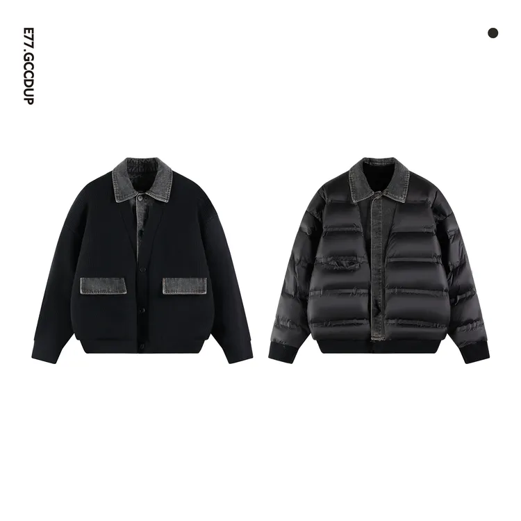 GCCDUPE77『云织间』90白鸭绒炒盐牛仔针织假两件多元拼接羽绒服