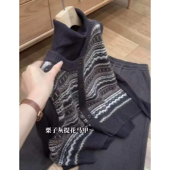 提花女百搭风条纹开衫款法式马夹圆领百搭黑色秋冬