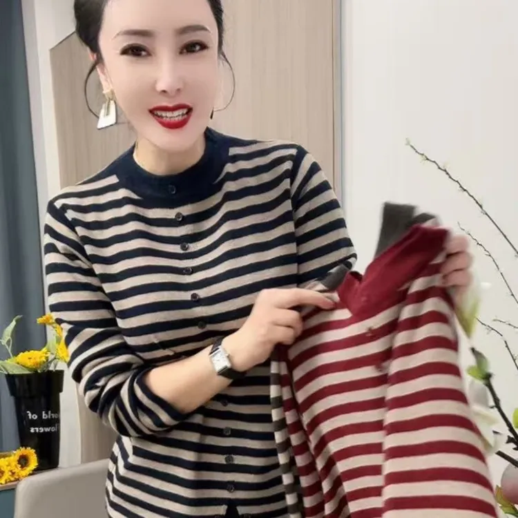 5821条纹打底衫春季圆领长袖女显瘦针织毛针织衫百搭条纹上衣