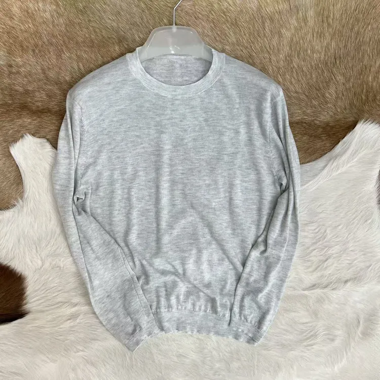 出口订单 无标超细 100%全羊毛 特薄 男士圆领针织长袖T恤衫 2570