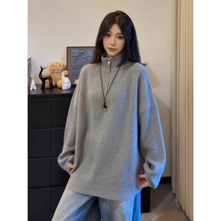 浅灰色半拉链毛衣男秋冬季松弛感慵懒软糯针织衫cleanfit立领外套