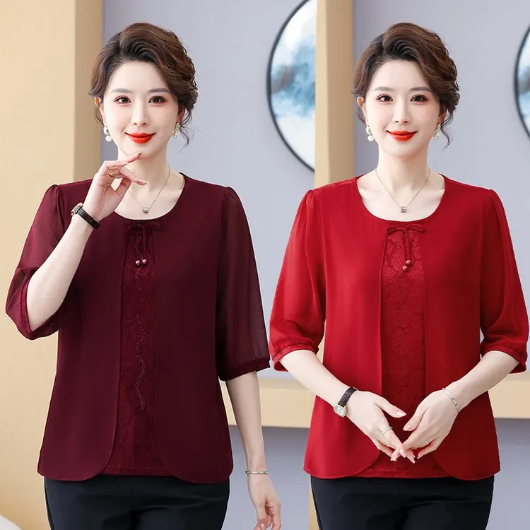 中老年妈妈夏装七分袖时尚假两件打底显瘦夏季薄款雪纺衫气质上衣