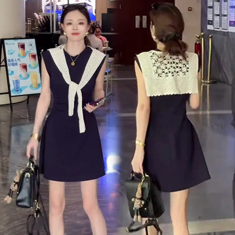 韩系减龄学院风短袖连衣裙女夏季新款今年流行爆款褶皱收腰a字裙