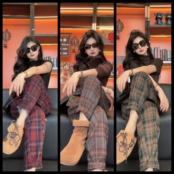 2025加绒加厚欧韩版复古简约百搭格子毛呢显瘦哈伦九分裤女