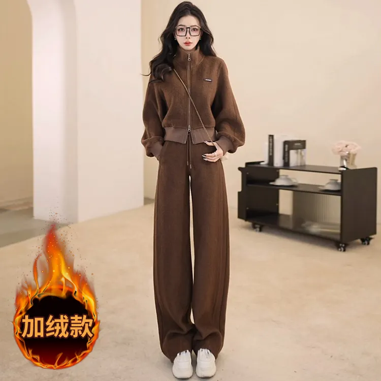 美拉德宽松休闲运动套装女冬季加绒加厚洋气外套上衣阔腿裤两件套