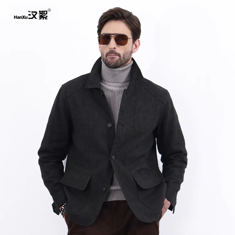汉絮老钱风棉麻翻领外套男款秋冬季时尚复古通勤上衣休闲亚麻夹克