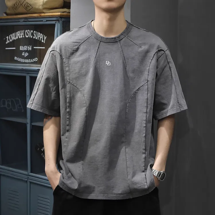 夏季重磅复古水洗短袖t恤男宽松大码拼接做旧体恤美式休闲半袖潮T