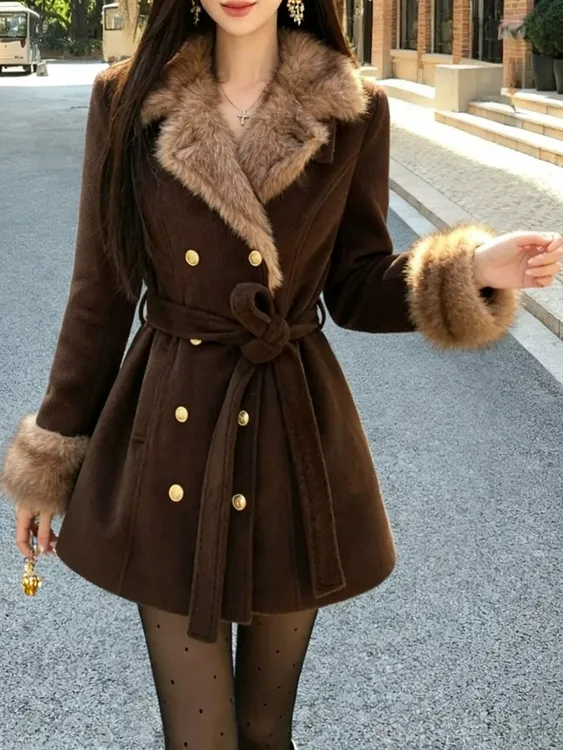 古着秀场法式复古皮毛一体系带收腰显瘦呢子大衣外套女