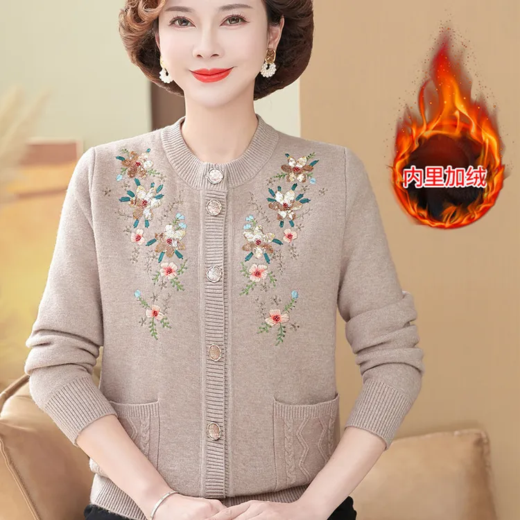 时尚妈妈装短款外套针织毛衣开衫中老年女秋冬奶奶装加绒加厚上衣
