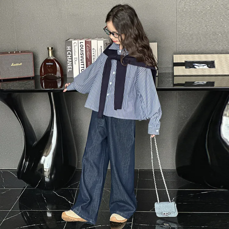 女童条纹森系衬衫儿童衬衣中大童长袖上衣童装2025年款衣服儿童