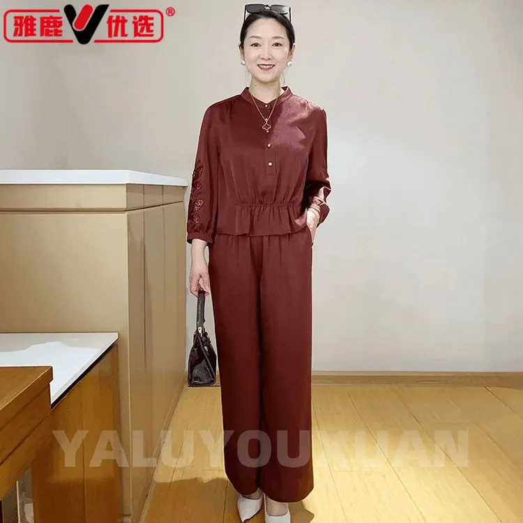 雅鹿优选高贵妈妈时尚休闲小衫套装春秋新款中年宽松显瘦直筒两件