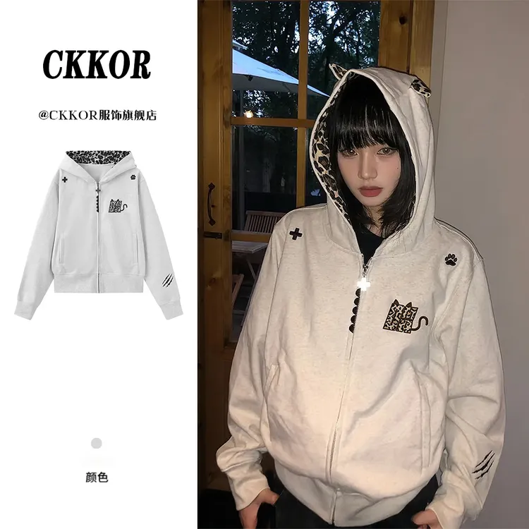 CKKOR秋冬新款学院风刺绣开衫连帽卫衣宽松潮牌拉链上衣情侣外套 