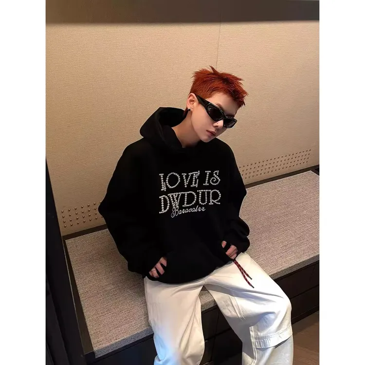 美式复古LOVE珍珠连帽卫衣秋冬男女设计感情侣宽松潮流重磅外套