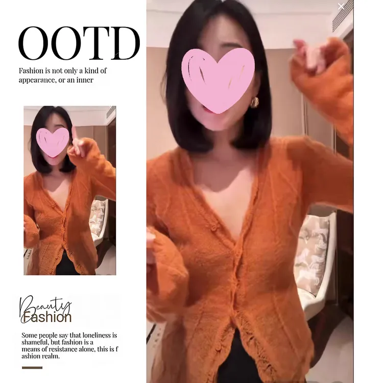 女早秋季新品精致绝美法式拼接蕾丝V领钩花马海毛温柔长袖针织衫