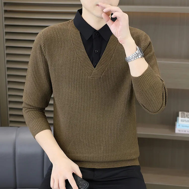 高档秋冬假两件拼色翻领毛衣男士时尚潮流保暖打底衫男装25826