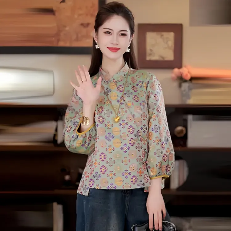 中式国风复古立领提花衬衫女2025秋季新款减龄气质七分袖盘扣上衣