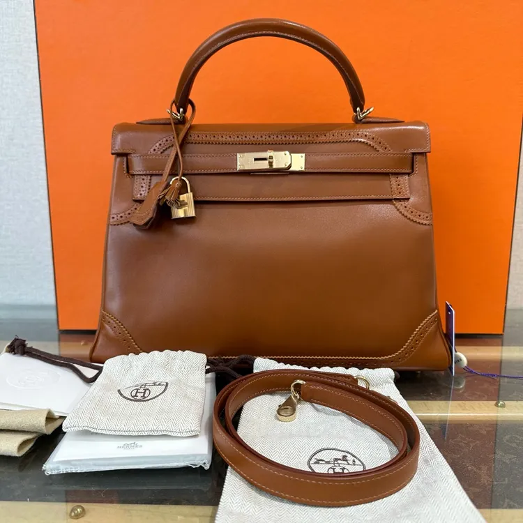 95新 Hermes/爱马仕 金棕金kelly32蕾丝手提单肩斜挎包 18882