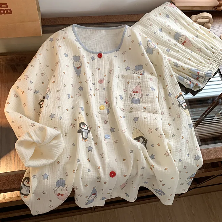 春秋季甜美风凯蒂企鹅星星纯棉纱布睡衣女2026新款圆领开衫家居服