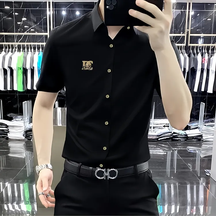 高级感轻奢免烫商务短袖衬衫男夏季薄款冰丝无痕痞帅弹力衬衣潮牌