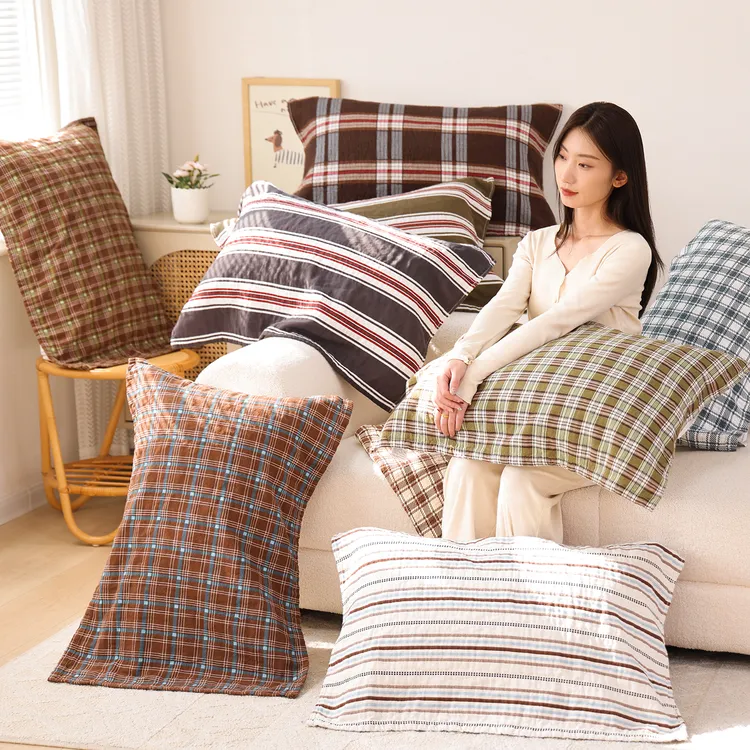 100%纯棉纱布枕巾一对装全棉透气吸汗枕头巾家用成人格子枕头盖巾