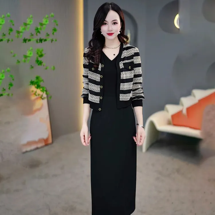 时尚休闲条纹外搭中长款连衣裙两件套女2025春季新款气质显瘦套装