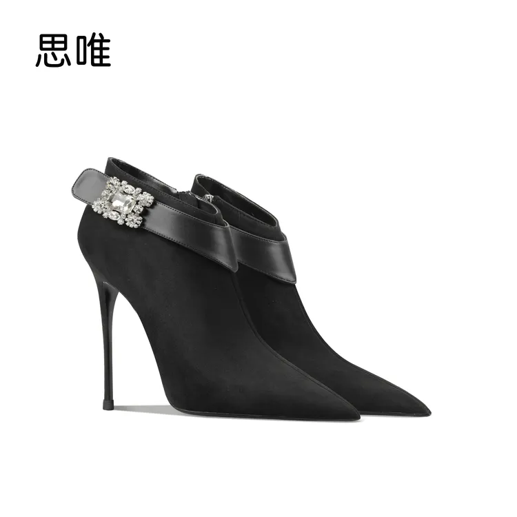 黑色绒面时装靴2025年秋冬新款女细跟尖头高跟靴保暖时尚百搭短靴
