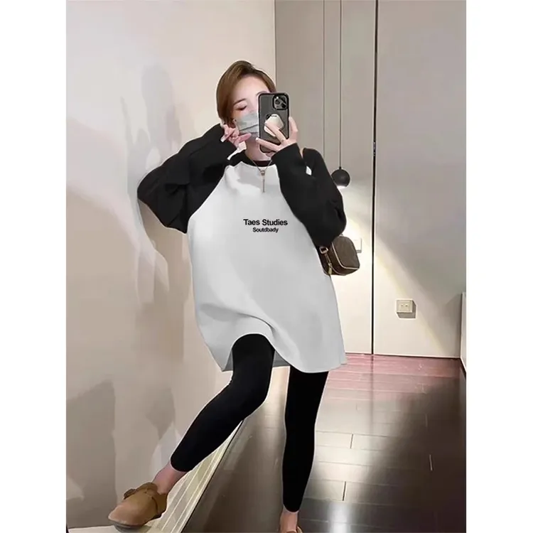 中长款插肩袖磨毛加绒长袖t恤女韩版宽松显瘦过臀加厚上衣打底衫