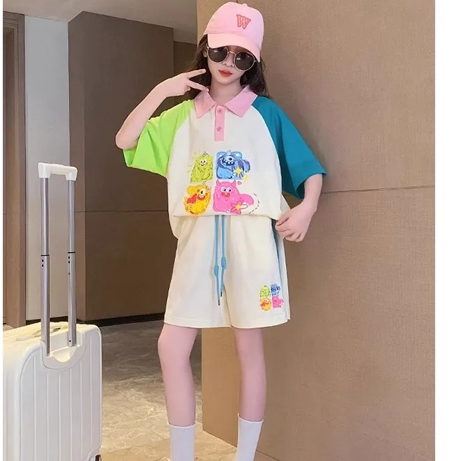 女童夏季套装2025新款洋气短裤大女孩多 巴胺短袖t恤儿童运动套装