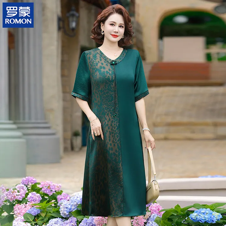 罗蒙洋气妈妈夏装连衣裙中年女士V领显瘦过膝裙贵妇人休闲裙子薄