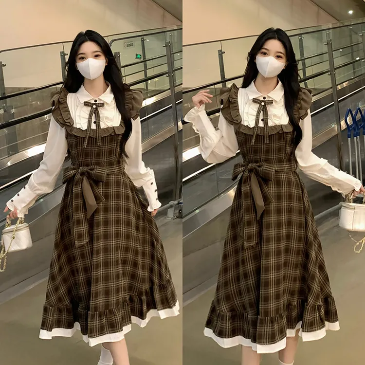 收腰胖mm棕色格子收腰连衣裙文艺复古长裙假两件套