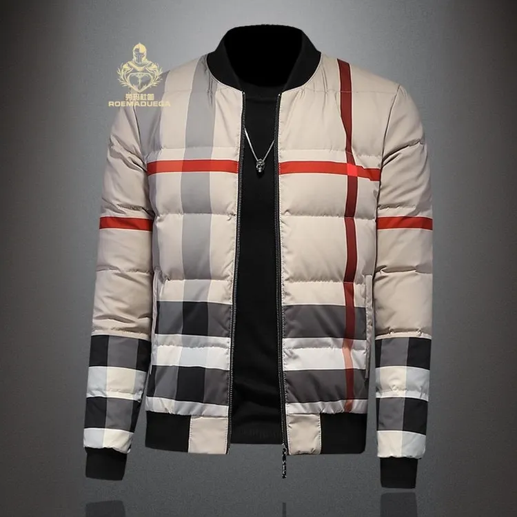 劳玛杜伽时尚欧货格子羽绒服男士立领修身加厚白鸭绒大码休闲外套