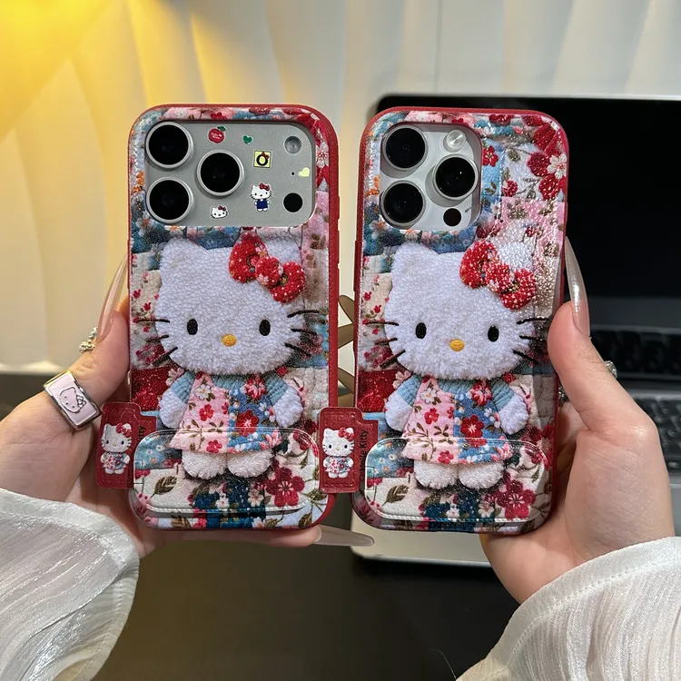 雅天立皮纹碎花kt猫标签适用苹果16/17华为vivoppo小米15手机壳套