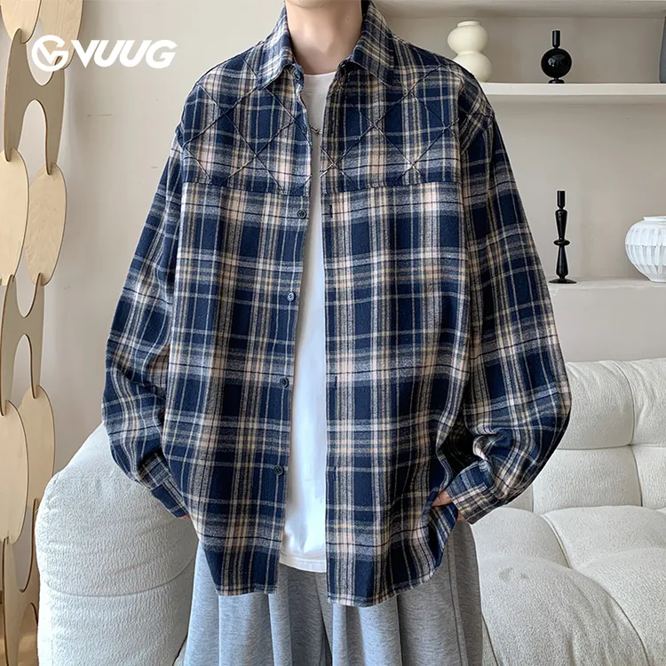VUUG港风立骨绣复古格子衬衫外套男款长袖春秋显瘦宽松情侣衬衣服