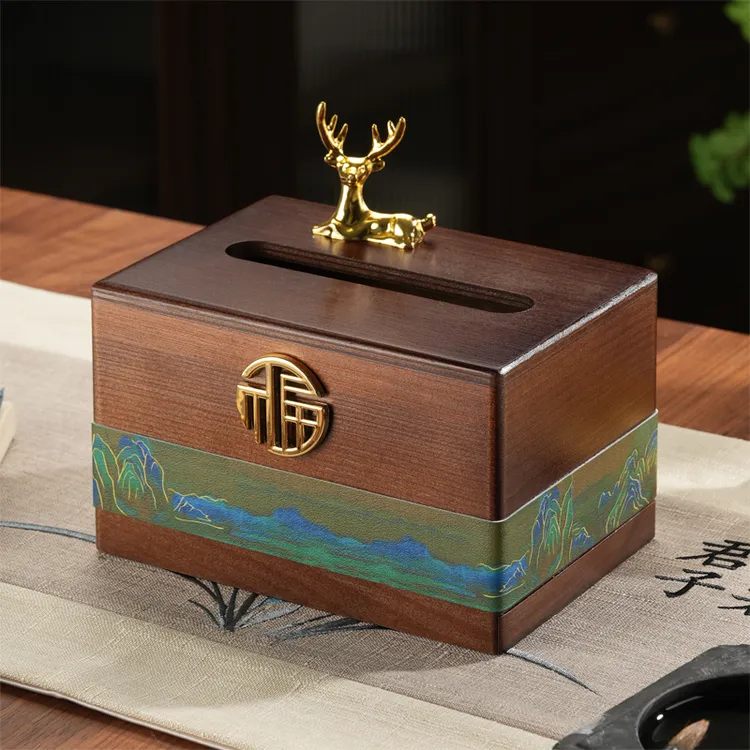 实木纸巾盒中式客厅茶几家用办公室中古轻奢高级感千里江山抽纸盒