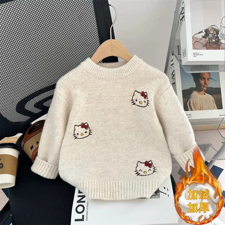 女童中小童可爱秋冬韩版加厚一体绒圆领针织洋气冬季套头毛衣百搭