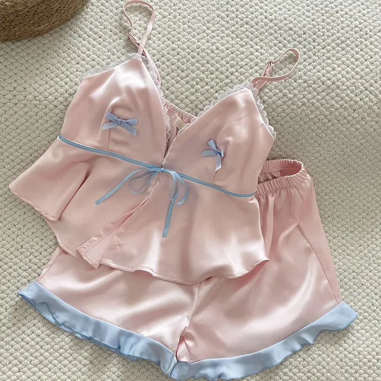 夏日焕新季法式蕾丝边睡衣女夏季2025新款粉色冰丝吊带短裤家居服