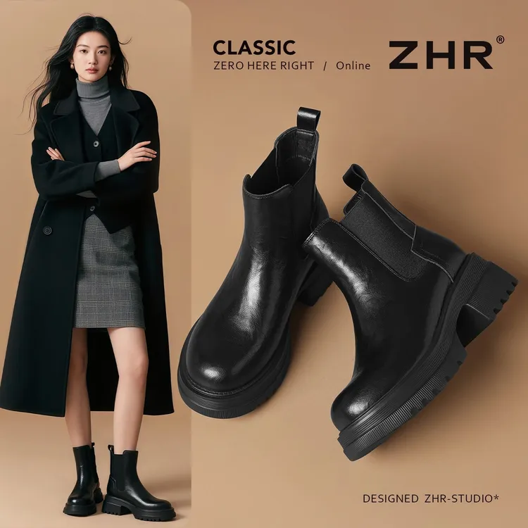 ZHR切尔西短靴新款厚底增高瘦瘦黑色切尔西女靴短靴烟筒靴子秋冬