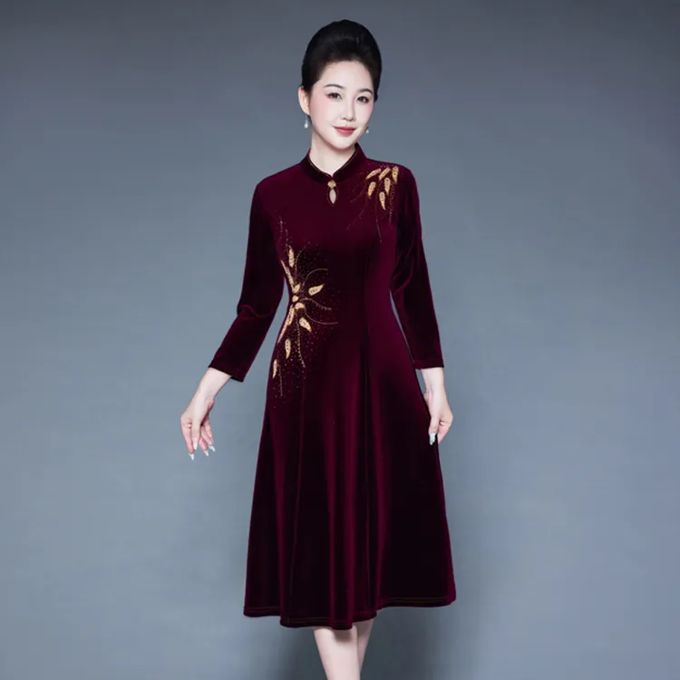 秋冬新款高端喜婆婆喜妈妈高贵金丝绒裙子婚礼婚宴礼服结婚连衣裙