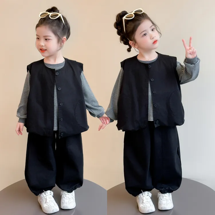 儿童秋季套装女宝2025新款女童夹克马甲三件套黑色潮酷炸街春秋装