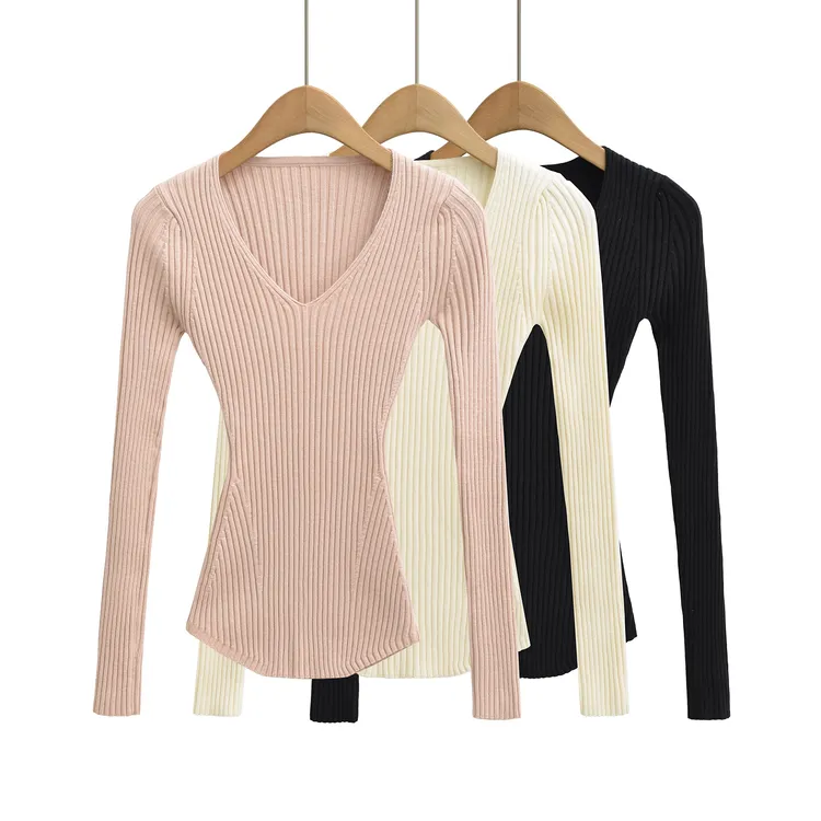 CL2601粉色V领收腰显瘦针织衫女春秋新款修身内搭长袖打底衫上衣