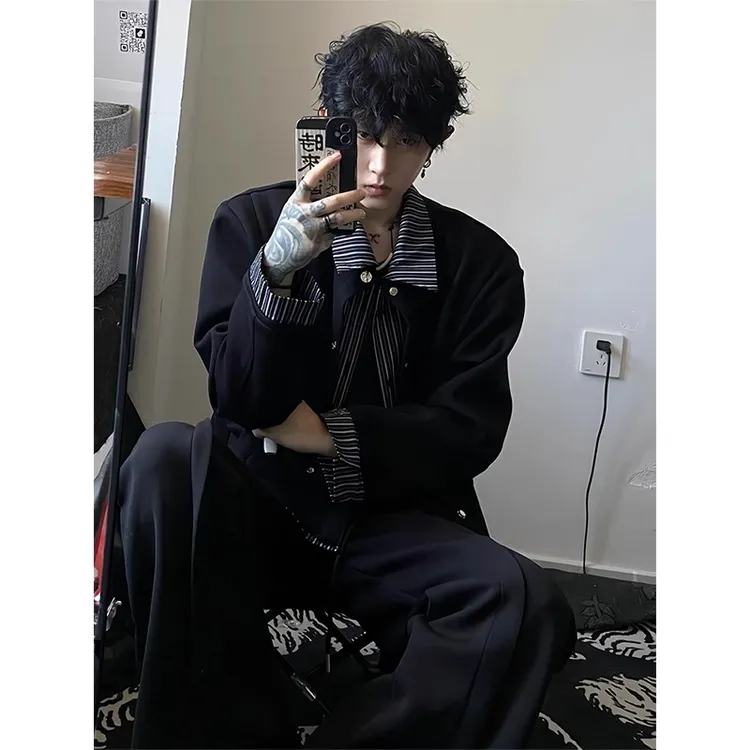 黑色条纹假两件拼接开衫卫衣男款秋季痞帅高级感男装cleanfit外套