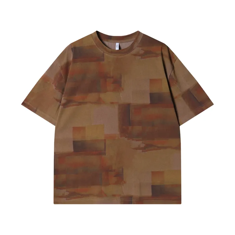 夏季新款时尚个性美式渐变晕染格子圆领短袖T恤潮流复古百搭上衣