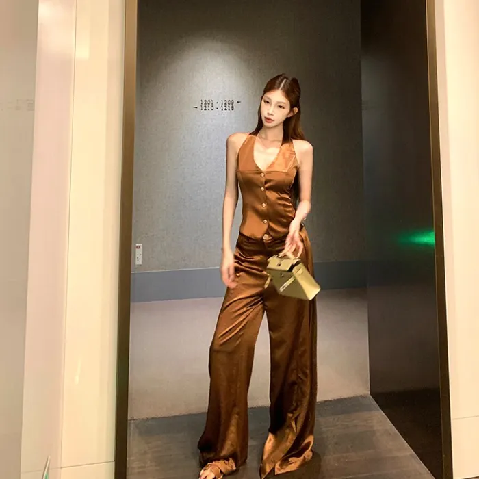 高级感时尚套装气质v领无袖马甲背心女夏季缎面阔腿休闲裤两件套