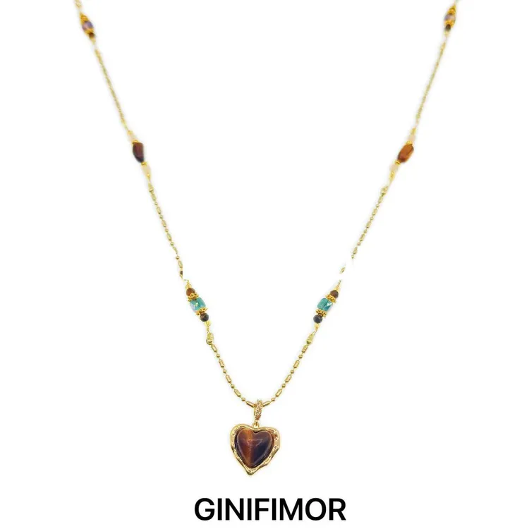 GINIFIMOR 铜合金树脂项链 a678 美拉德虎眼石爱心吊坠项链女配饰