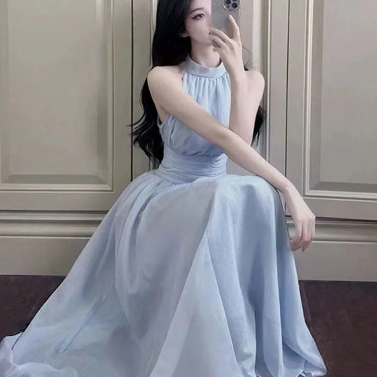 质量夏装双层法式温柔气质甜美修身收腰新款挂脖无袖连衣裙夏季