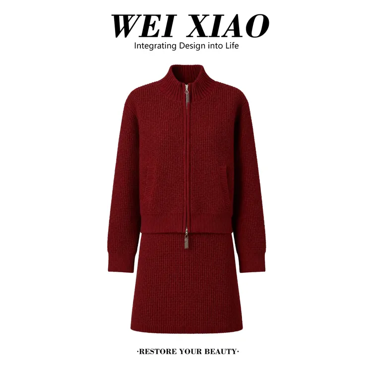 新年圣诞红色针织套装女秋冬休闲立领拉链开衫外套包臀短裙两件套