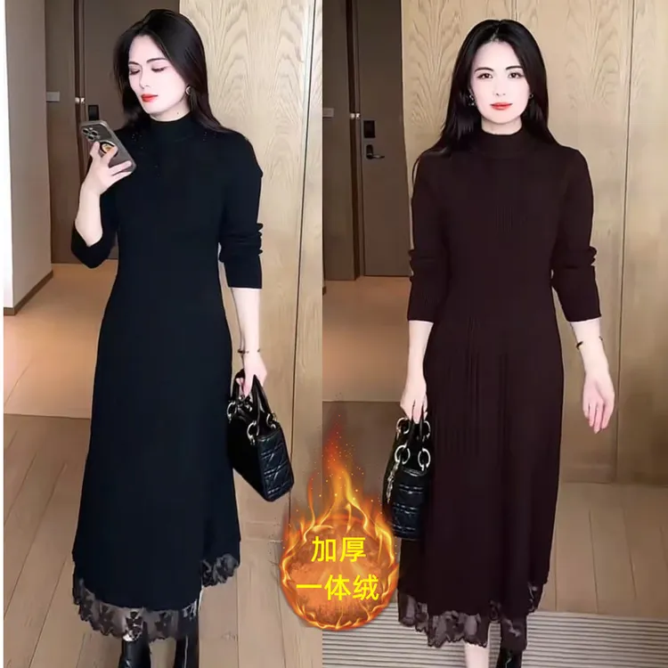 加厚中长款一体绒针织连衣裙秋冬过膝搭配大衣显瘦打底毛衣裙子