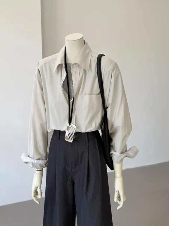 【恰好时光】长袖衬衫女设计感小众套装牛仔裤女款黑色直筒裤垂坠感