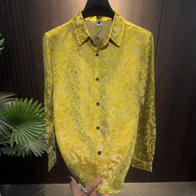 2025新款男士高奢提花腰果工艺时尚潮流衬衫长袖黄色衬衣